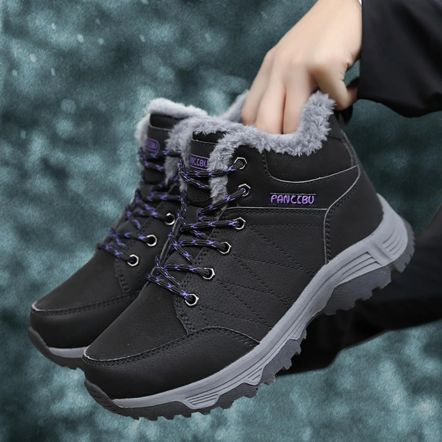 Women Waterproof Winter Ankle Snow Boots Non-Slip Hiking Boots with Warm Fur Lined Winter Walking Boots Sneakers Wide Width Outdoor