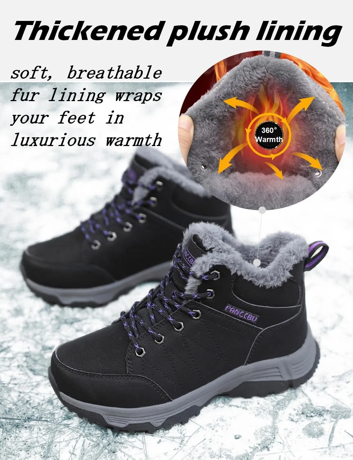 Women Waterproof Winter Ankle Snow Boots Non-Slip Hiking Boots with Warm Fur Lined Winter Walking Boots Sneakers Wide Width Outdoor