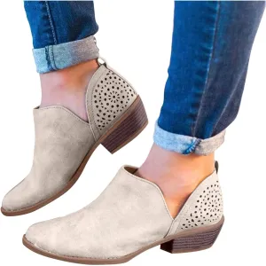 Womens Boots Low Heel Platform Ankle Boots Western Cowboy Boots Pointed Toe Fashion Retro Classic Ankle Booties