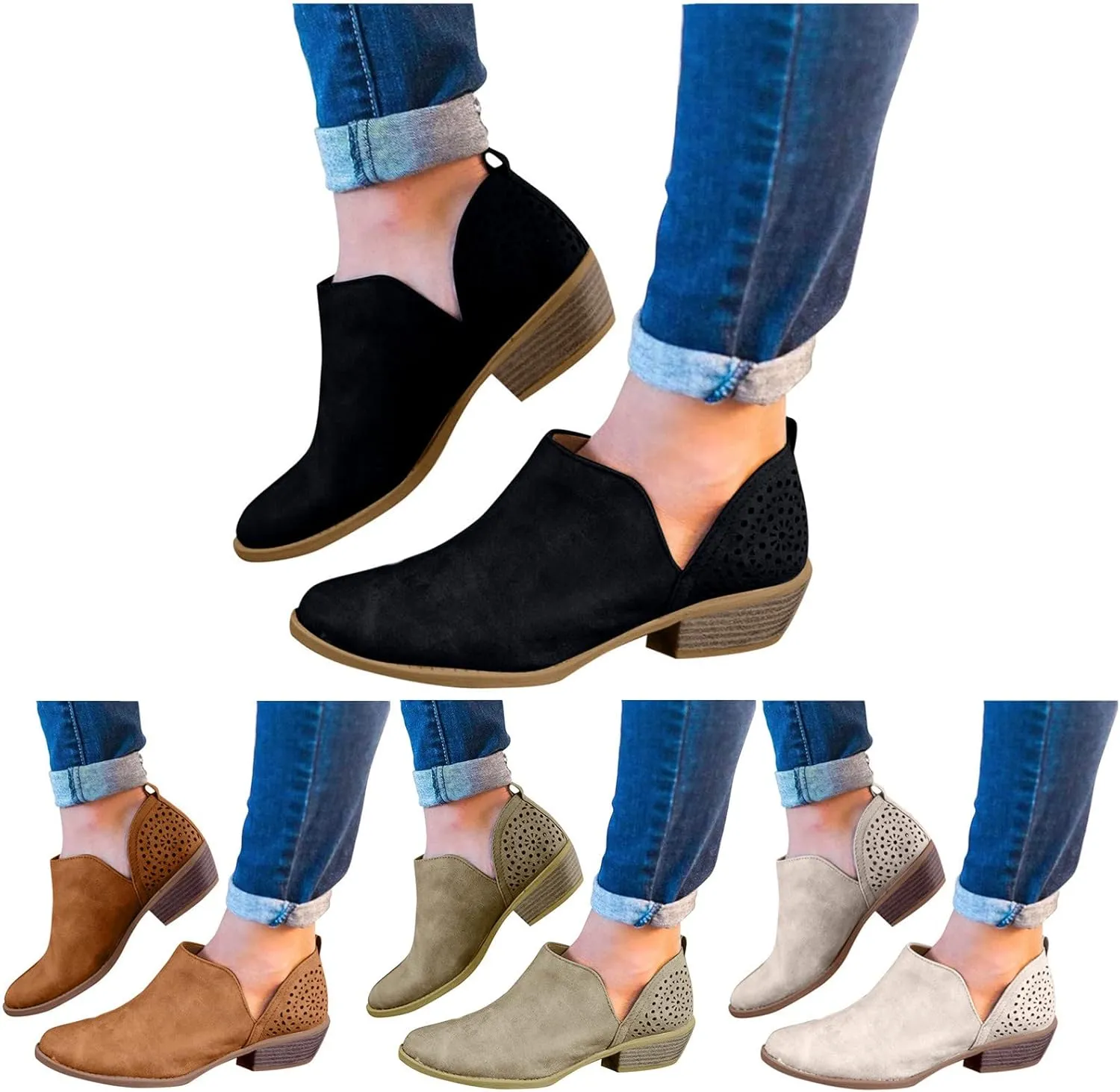 Womens Boots Low Heel Platform Ankle Boots Western Cowboy Boots Pointed Toe Fashion Retro Classic Ankle Booties