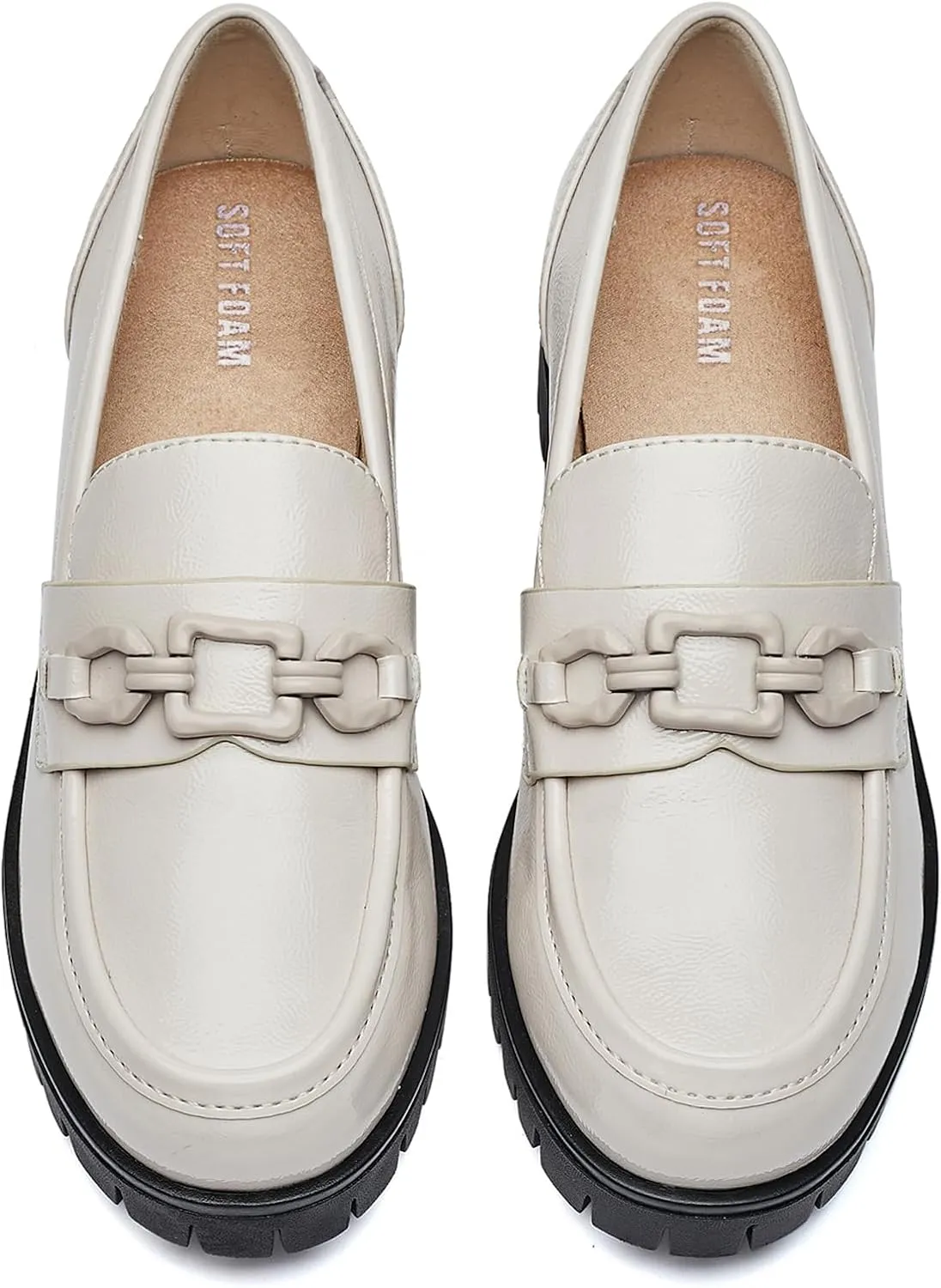 Women's Chunky Heel Penny Loafers Shoes, Patent Leather Lug Sole Formal Work Shoes Comfort Platform Business Loafer