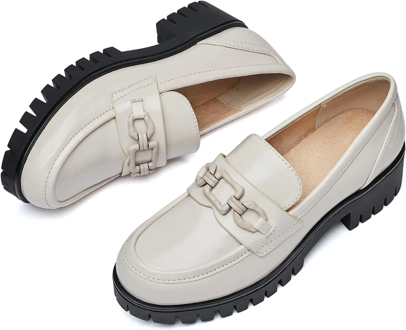 Women's Chunky Heel Penny Loafers Shoes, Patent Leather Lug Sole Formal Work Shoes Comfort Platform Business Loafer