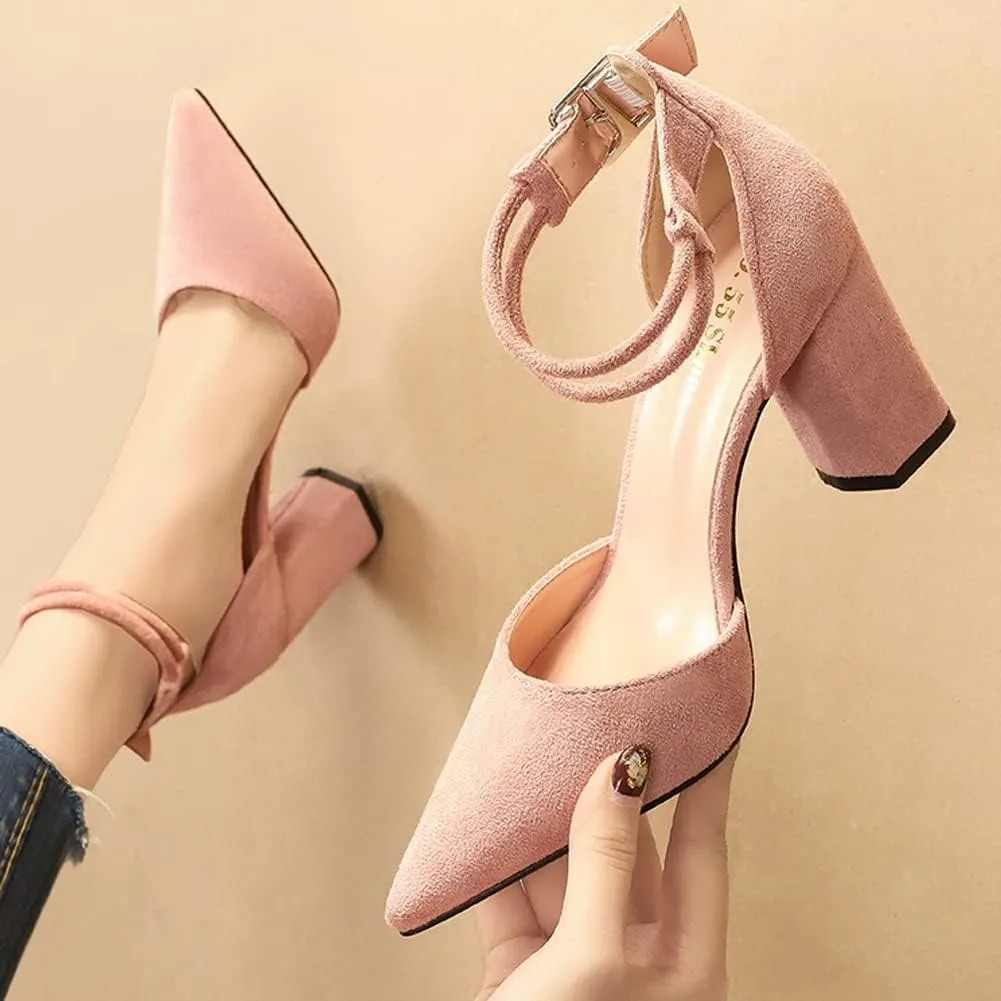 Womens Closed Pointed Toe Pumps Shoes Ankle Strap Buckle Chunky Low Heels Dress Sandals for Wedding Party