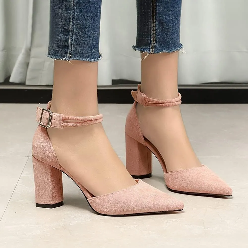 Womens Closed Pointed Toe Pumps Shoes Ankle Strap Buckle Chunky Low Heels Dress Sandals for Wedding Party