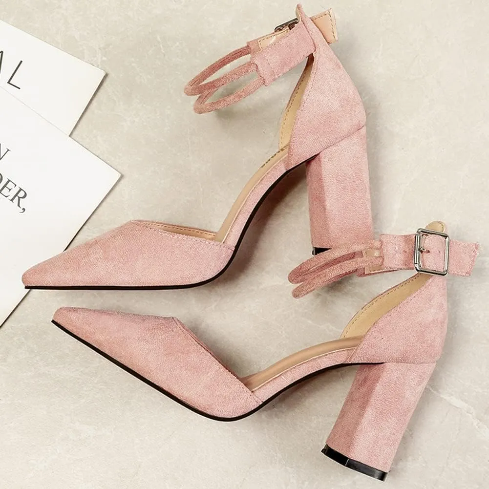 Womens Closed Pointed Toe Pumps Shoes Ankle Strap Buckle Chunky Low Heels Dress Sandals for Wedding Party