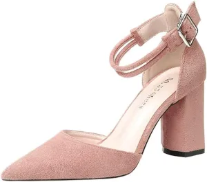 Womens Closed Pointed Toe Pumps Shoes Ankle Strap Buckle Chunky Low Heels Dress Sandals for Wedding Party
