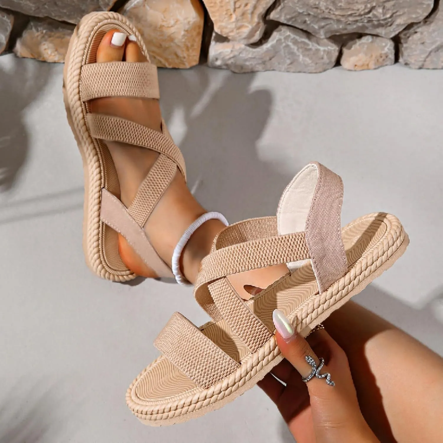 Womens Comfortable Flat Sandals Dressy Daily Sandals Summer Beach Open Toe Shoes Ankle Strap Footwear for Teen Girls