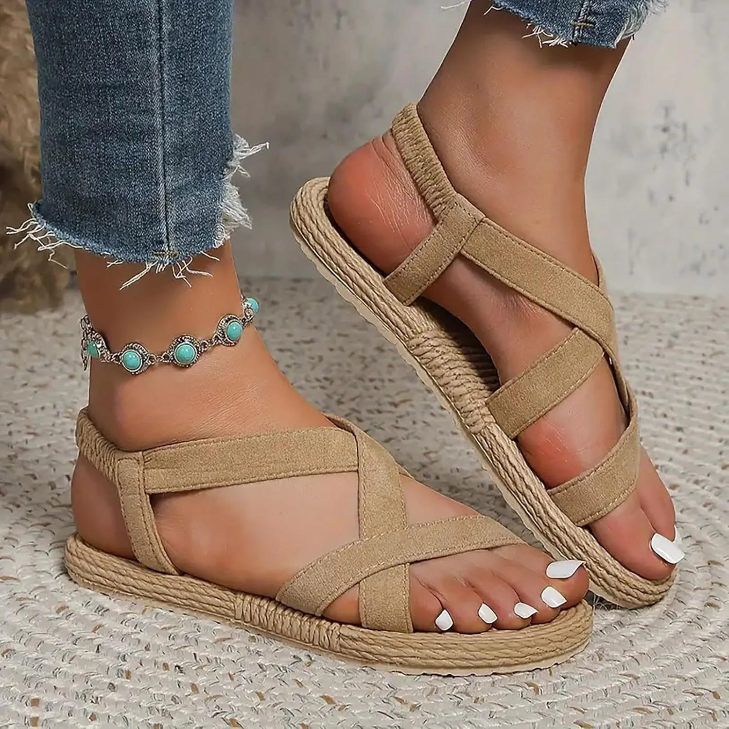 Women's Elastic Strap Bohemian Sandals Rhinestone Open Toe Slip on Casual Sandal Beach Non Slip Flat Sandals