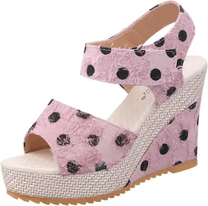Womens Espadrilles Wedges Sandals Polka Dot Print Ankle Strap Open Toe Sandals Summer Dressy Slip on High Heeled Shoes