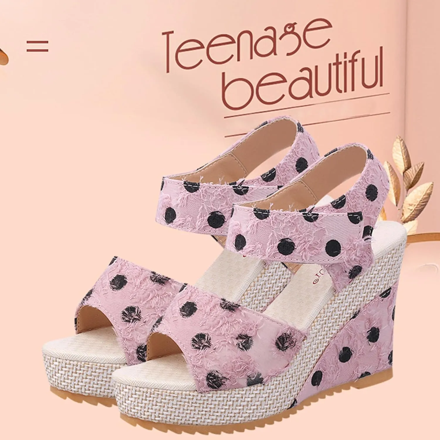 Womens Espadrilles Wedges Sandals Polka Dot Print Ankle Strap Open Toe Sandals Summer Dressy Slip on High Heeled Shoes