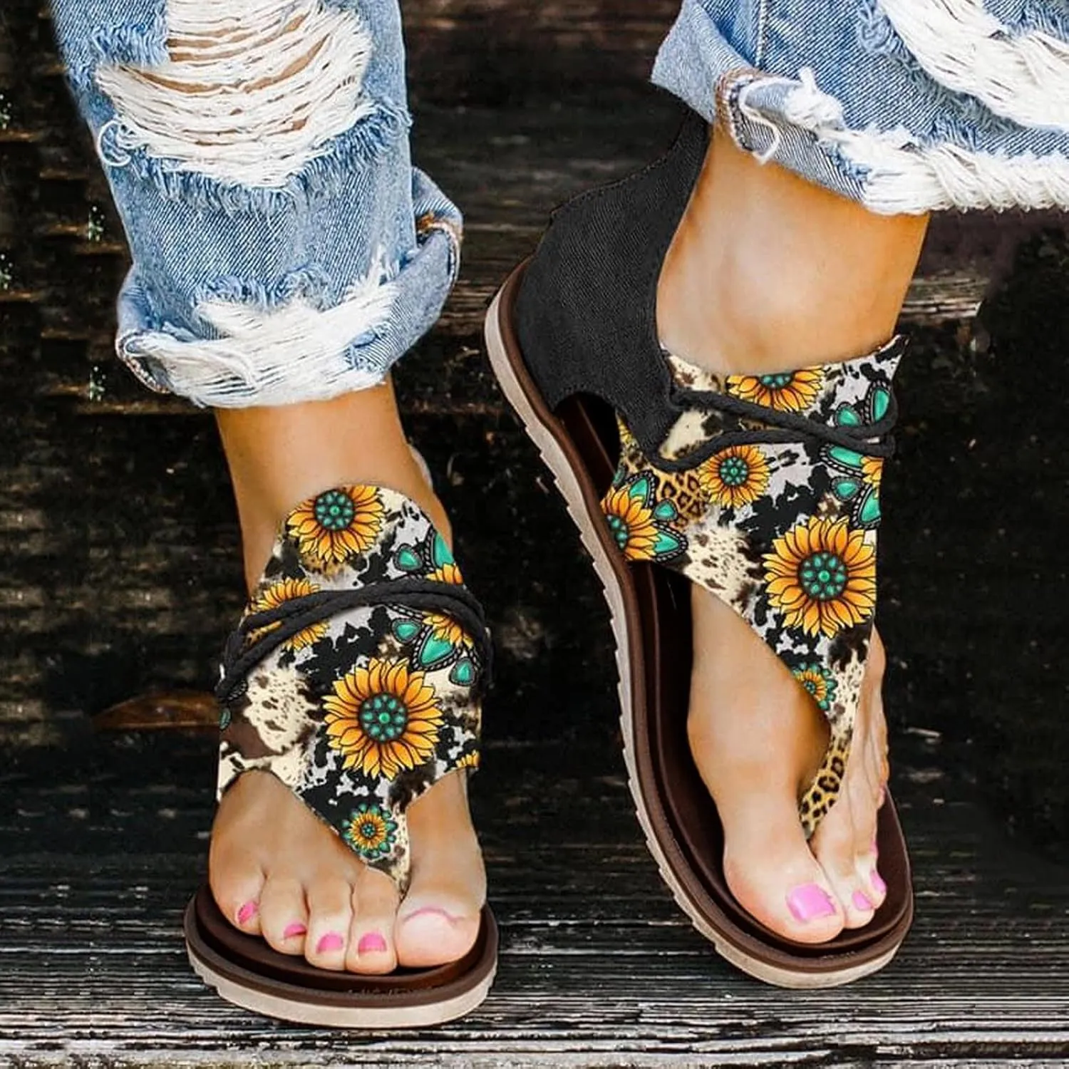 Womens Flip Flops Comfortable Flowers Clip Toe Flat Sandals Ladies Open Toe Zipper Back Slip On Walking Sandals