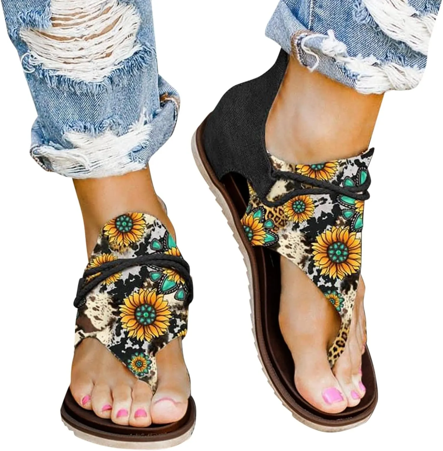 Womens Flip Flops Comfortable Flowers Clip Toe Flat Sandals Ladies Open Toe Zipper Back Slip On Walking Sandals