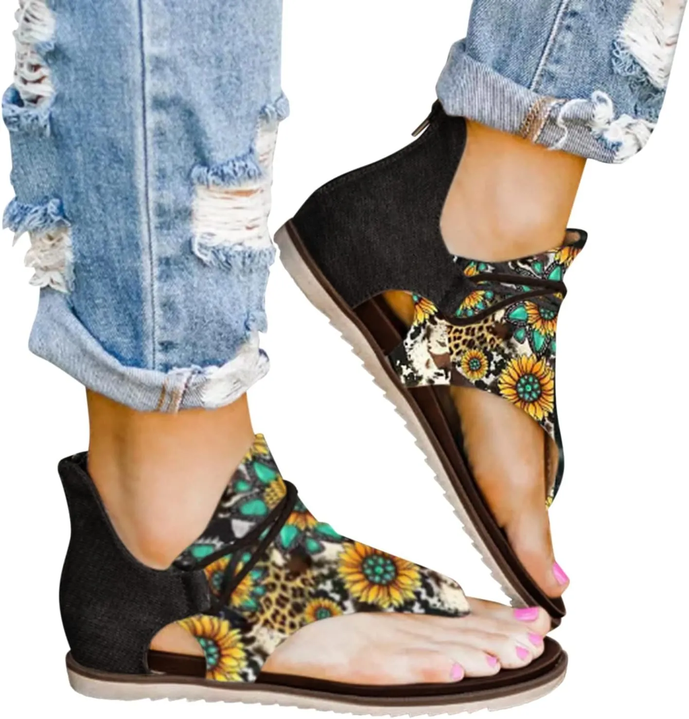 Womens Flip Flops Comfortable Flowers Clip Toe Flat Sandals Ladies Open Toe Zipper Back Slip On Walking Sandals