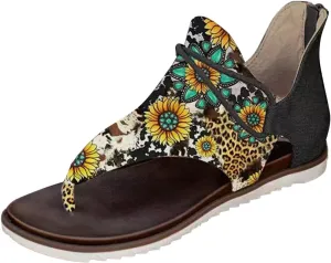 Womens Flip Flops Comfortable Flowers Clip Toe Flat Sandals Ladies Open Toe Zipper Back Slip On Walking Sandals