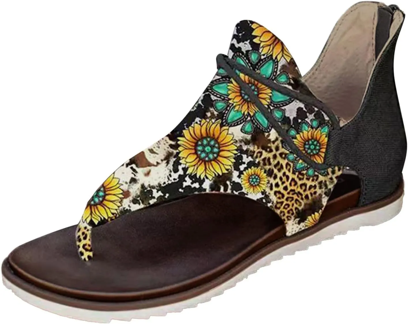 Womens Flip Flops Comfortable Flowers Clip Toe Flat Sandals Ladies Open Toe Zipper Back Slip On Walking Sandals