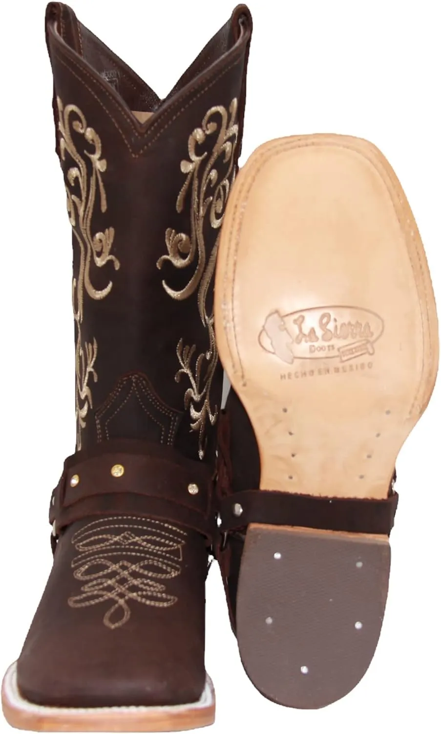 Womens Floral Embroidered Harness Square Toe Brown Cowgirl Cowboy Boot