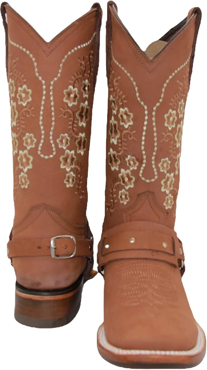 Womens Floral Embroidered Harness Square Toe Brown Cowgirl Cowboy Boot