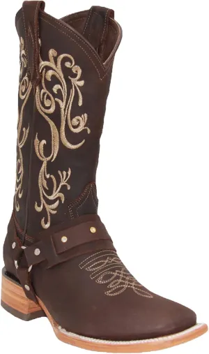 Womens Floral Embroidered Harness Square Toe Brown Cowgirl Cowboy Boot