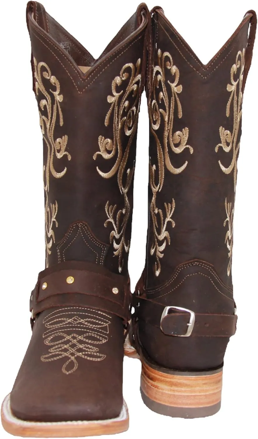 Womens Floral Embroidered Harness Square Toe Brown Cowgirl Cowboy Boot