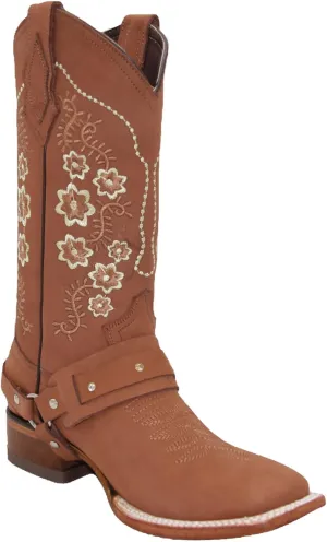 Womens Floral Embroidered Harness Square Toe Brown Cowgirl Cowboy Boot