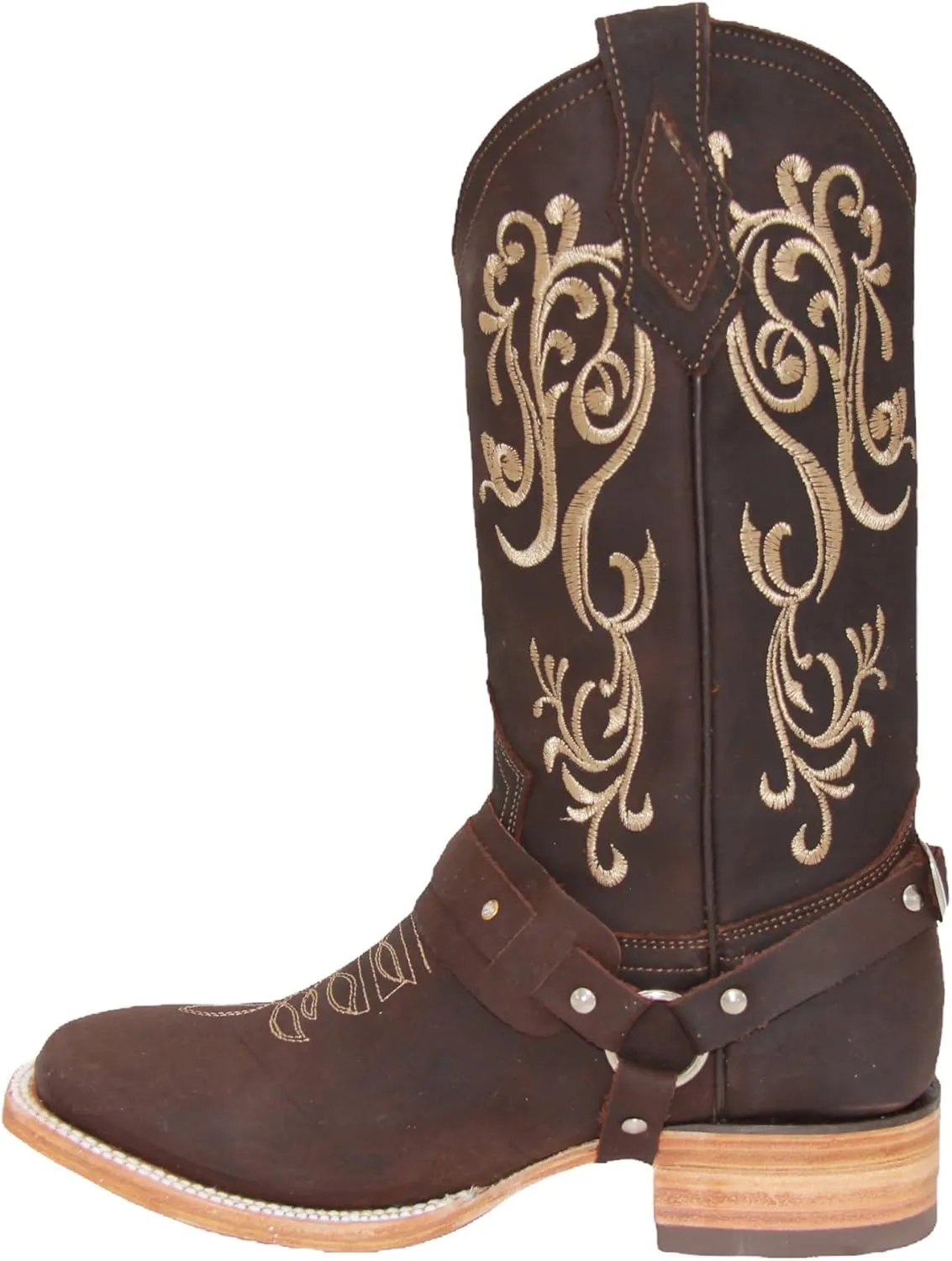 Womens Floral Embroidered Harness Square Toe Brown Cowgirl Cowboy Boot