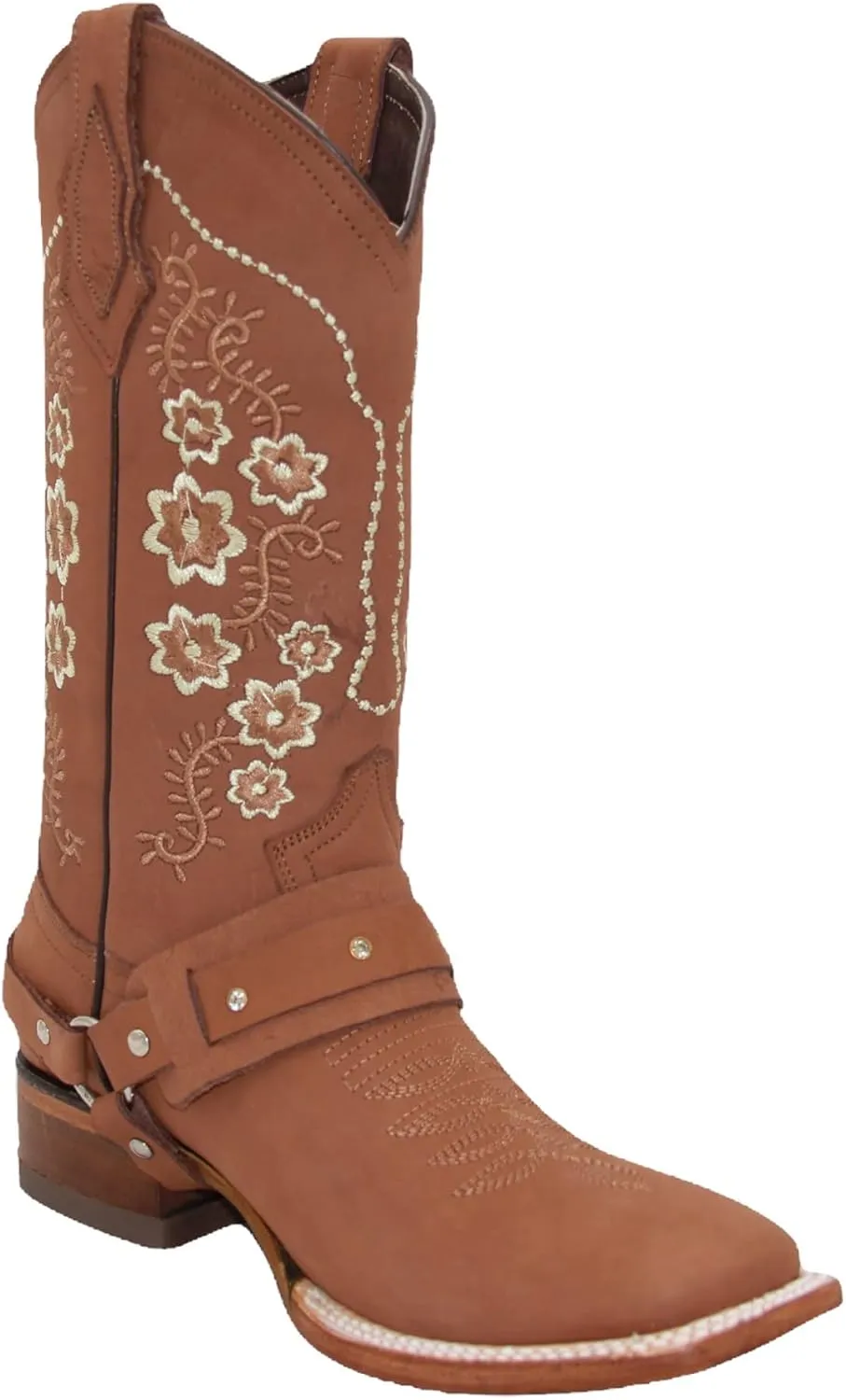 Womens Floral Embroidered Harness Square Toe Brown Cowgirl Cowboy Boot