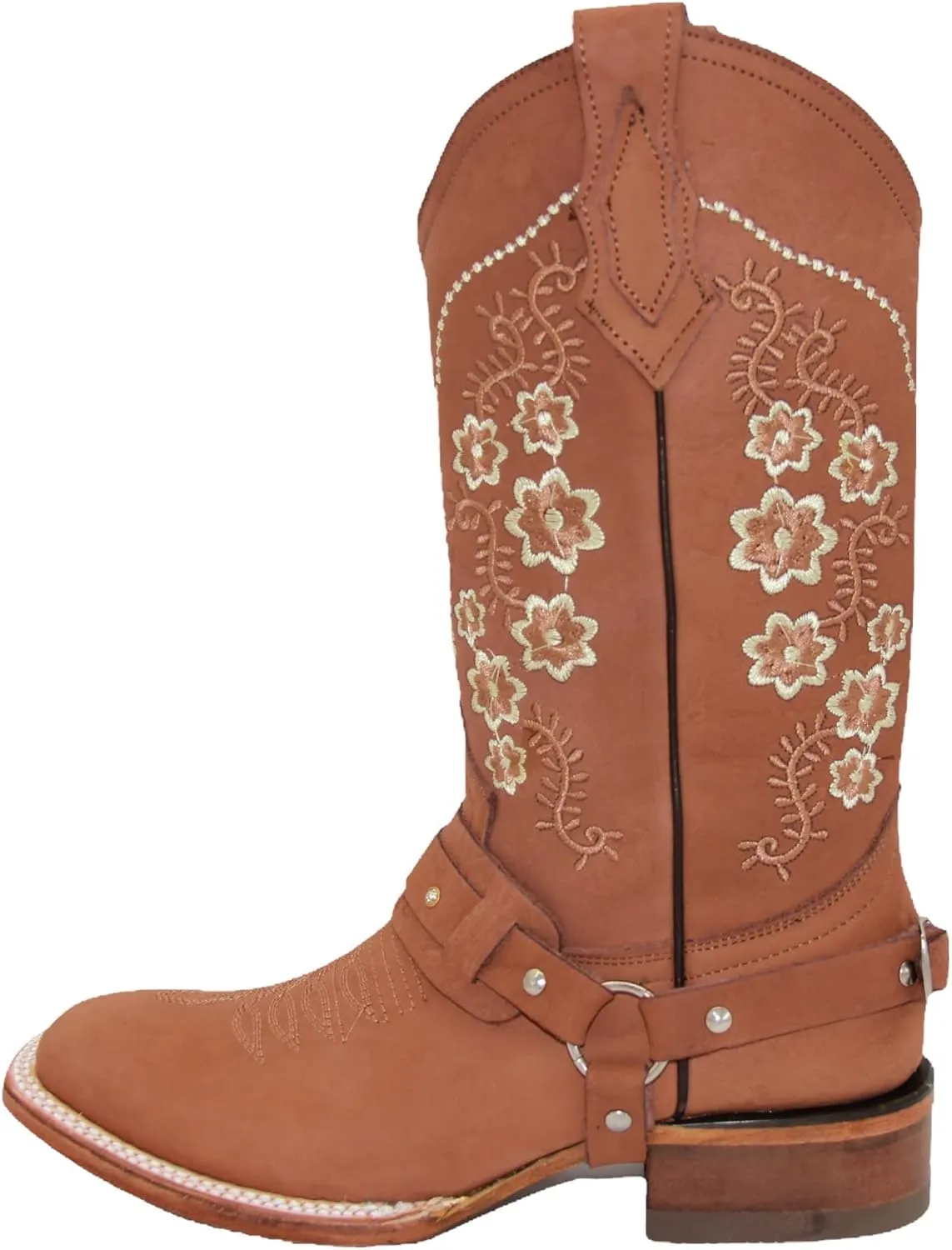 Womens Floral Embroidered Harness Square Toe Brown Cowgirl Cowboy Boot
