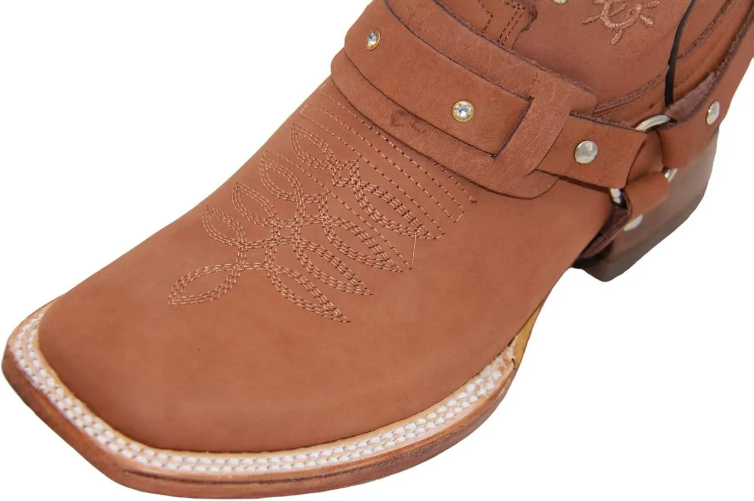 Womens Floral Embroidered Harness Square Toe Brown Cowgirl Cowboy Boot
