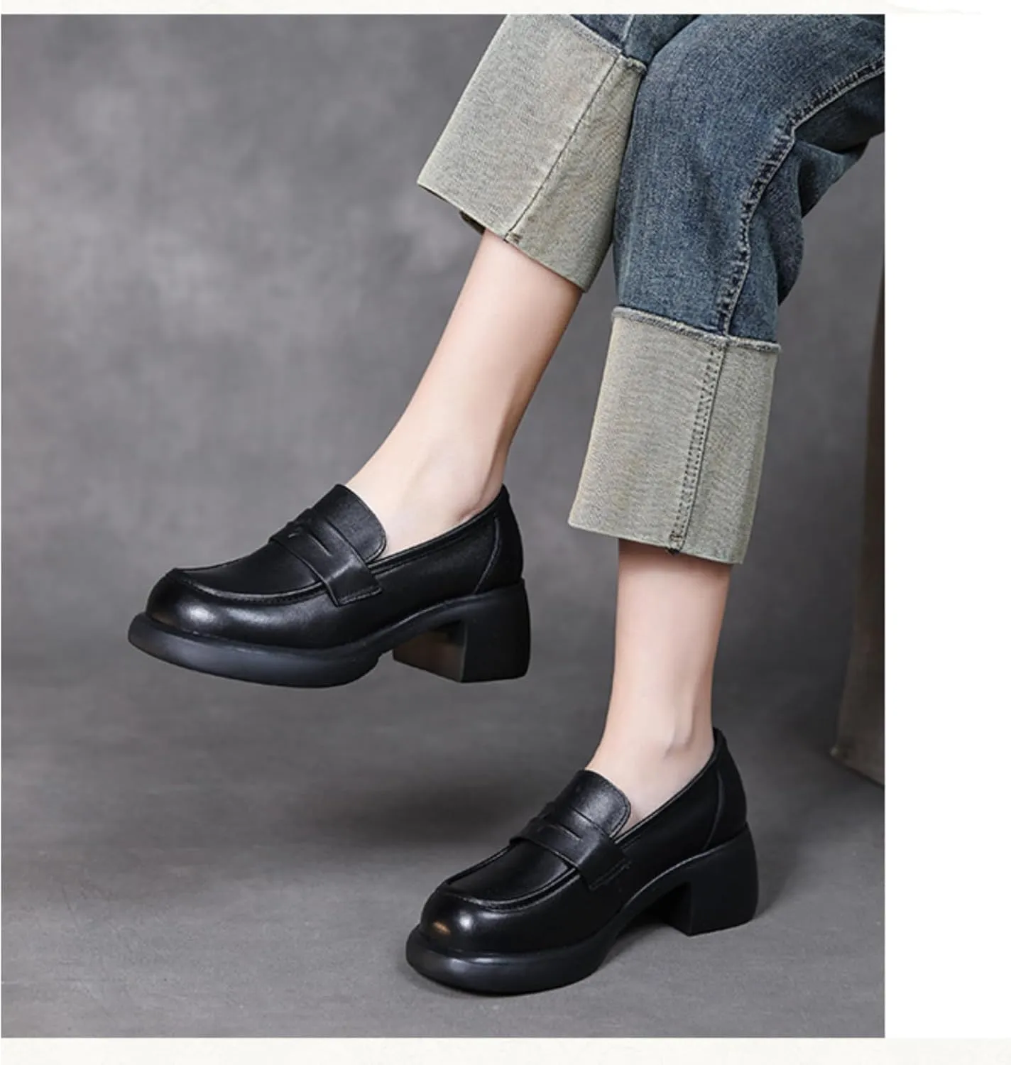 Women's Genuine Leather Chunky High Heels Loafers Vintage Round Toe Wedge Slip On Muffin Soled Penny Small Leather fo Suitable Heel Dress Shoes for Wedding Office Evening