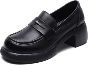Women's Genuine Leather Chunky High Heels Loafers Vintage Round Toe Wedge Slip On Muffin Soled Penny Small Leather fo Suitable Heel Dress Shoes for Wedding Office Evening