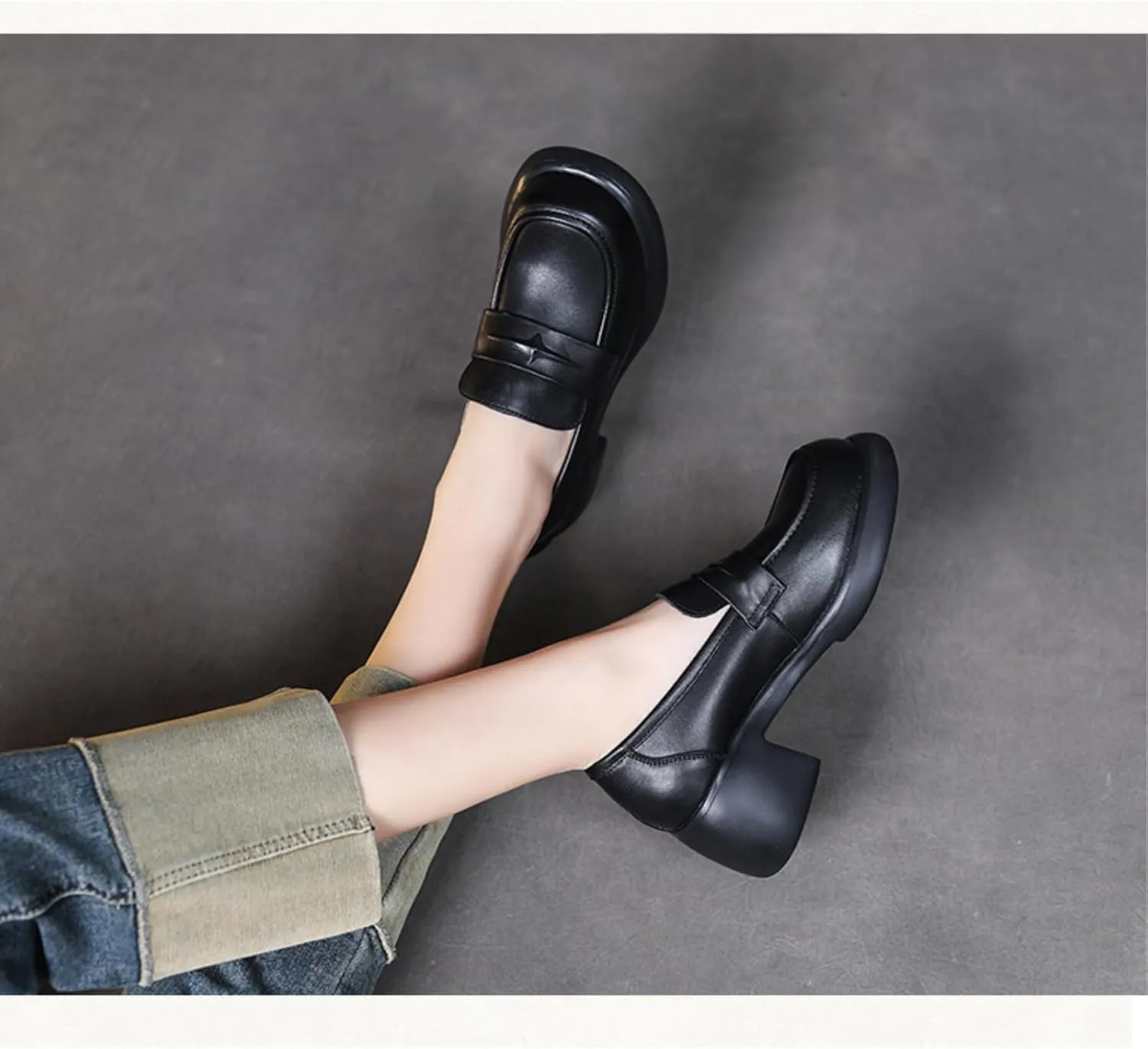 Women's Genuine Leather Chunky High Heels Loafers Vintage Round Toe Wedge Slip On Muffin Soled Penny Small Leather fo Suitable Heel Dress Shoes for Wedding Office Evening