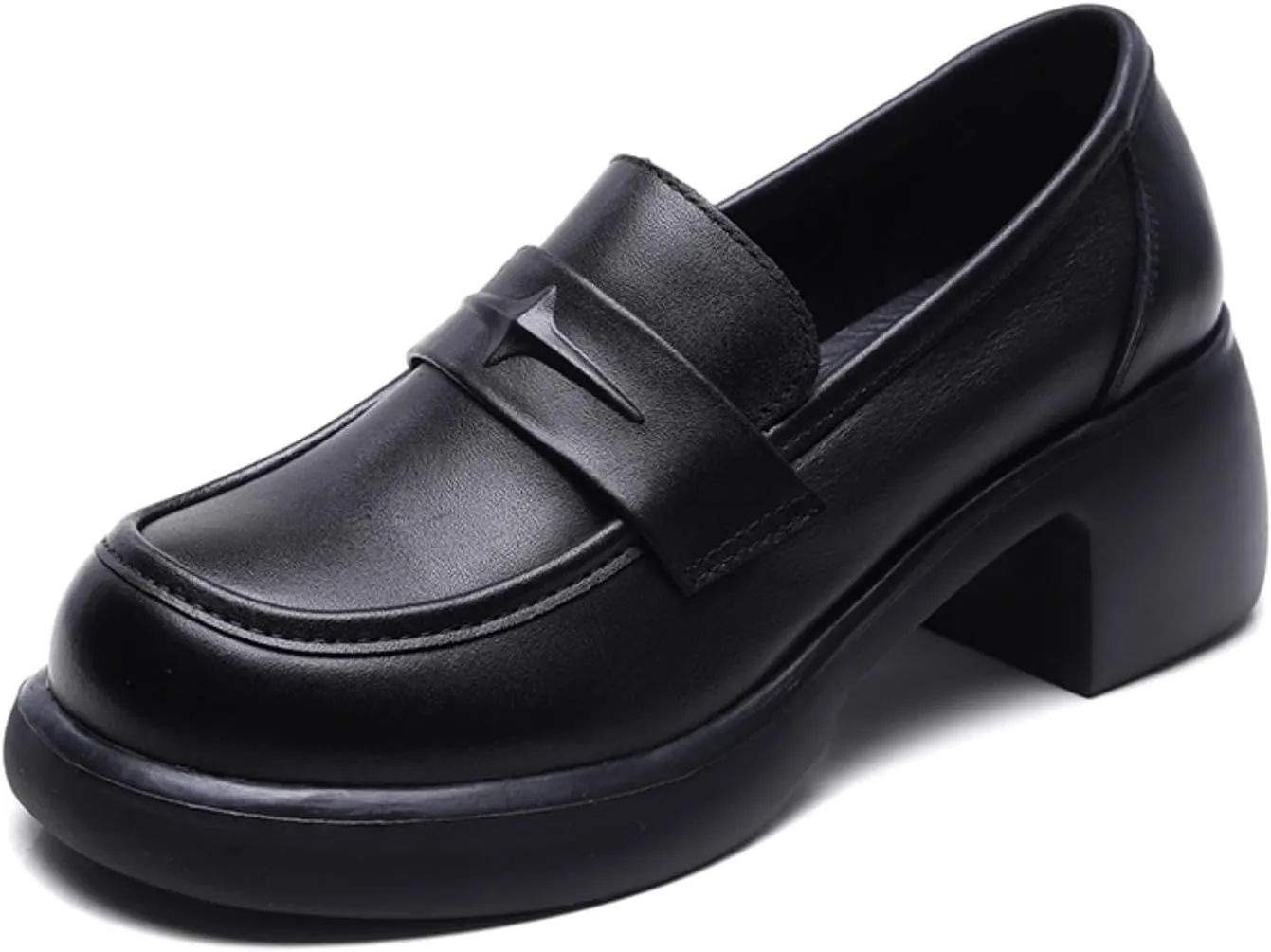 Women's Genuine Leather Chunky High Heels Loafers Vintage Round Toe Wedge Slip On Muffin Soled Penny Small Leather fo Suitable Heel Dress Shoes for Wedding Office Evening