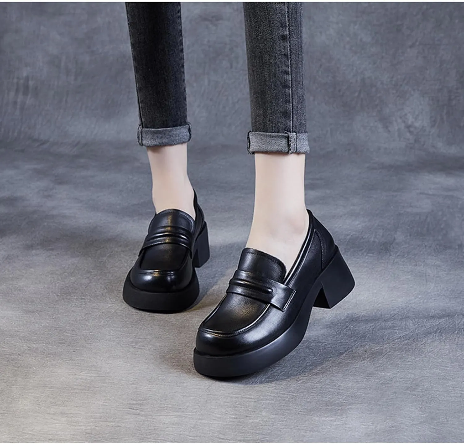 Women's Genuine Leather Chunky High Heels Loafers Vintage Round Toe Wedge Slip On Muffin Soled Penny Small Leather fo Suitable Heel Dress Shoes for Wedding Office Evening