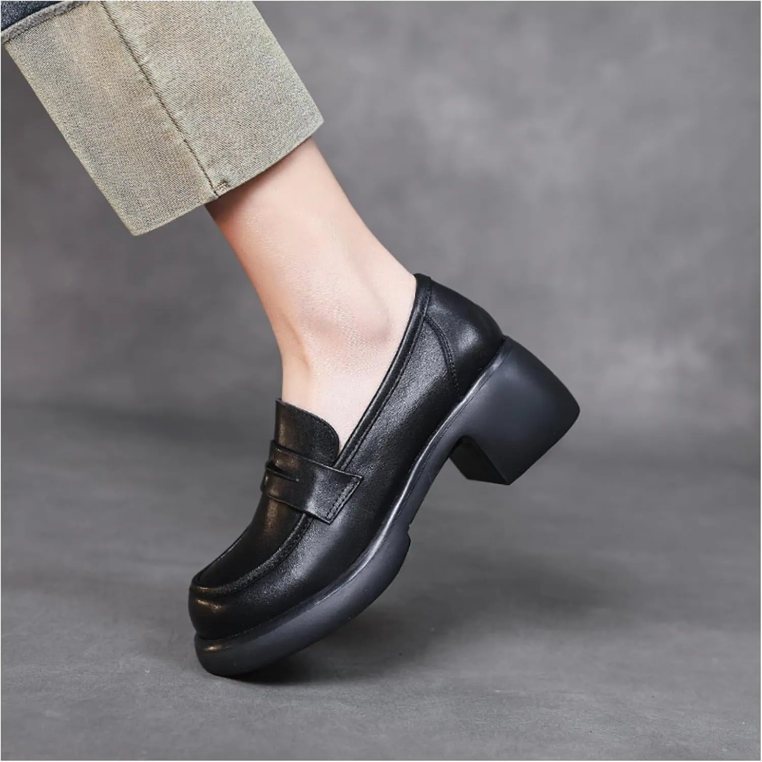 Women's Genuine Leather Chunky High Heels Loafers Vintage Round Toe Wedge Slip On Muffin Soled Penny Small Leather fo Suitable Heel Dress Shoes for Wedding Office Evening