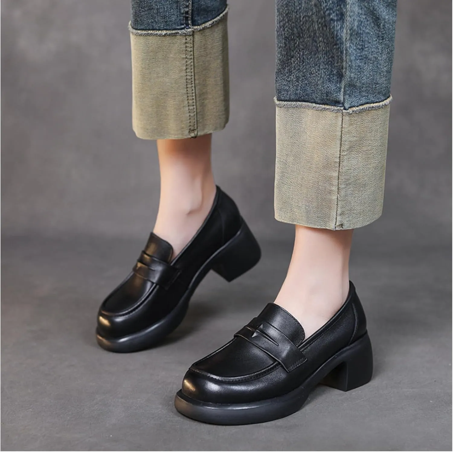 Women's Genuine Leather Chunky High Heels Loafers Vintage Round Toe Wedge Slip On Muffin Soled Penny Small Leather fo Suitable Heel Dress Shoes for Wedding Office Evening