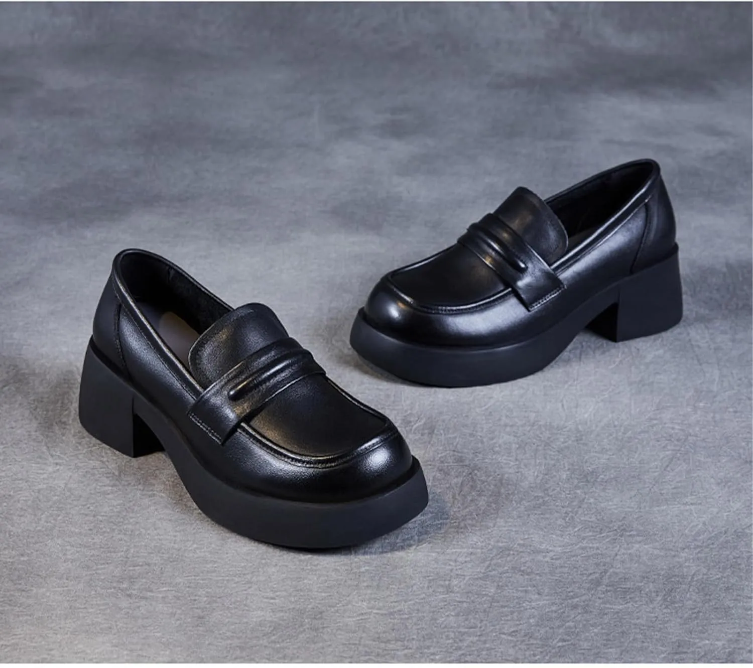 Women's Genuine Leather Chunky High Heels Loafers Vintage Round Toe Wedge Slip On Muffin Soled Penny Small Leather fo Suitable Heel Dress Shoes for Wedding Office Evening