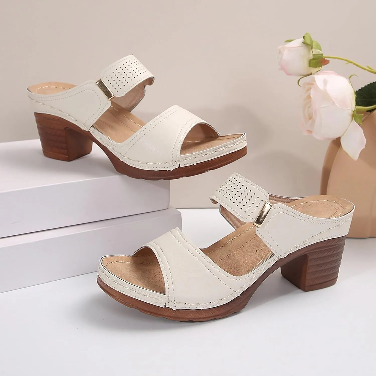 Women's Heeled Sandals Summer Casual Open Toe Mid Ankle Sandal Lightweight Platform Chunky Heels Low Block Shoes Comfortable Slip On Solid Color Summer Mules 2025