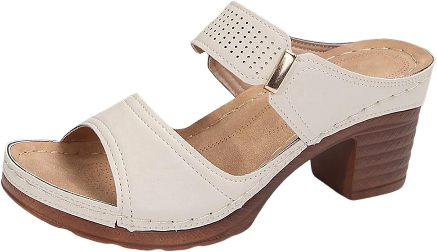 Women's Heeled Sandals Summer Casual Open Toe Mid Ankle Sandal Lightweight Platform Chunky Heels Low Block Shoes Comfortable Slip On Solid Color Summer Mules 2025