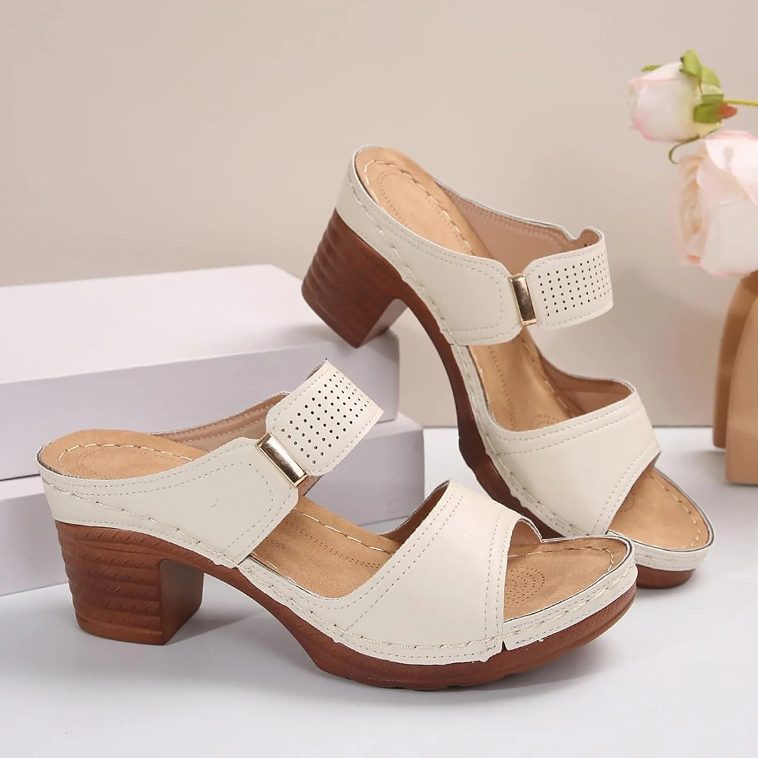 Women's Heeled Sandals Summer Casual Open Toe Mid Ankle Sandal Lightweight Platform Chunky Heels Low Block Shoes Comfortable Slip On Solid Color Summer Mules 2025