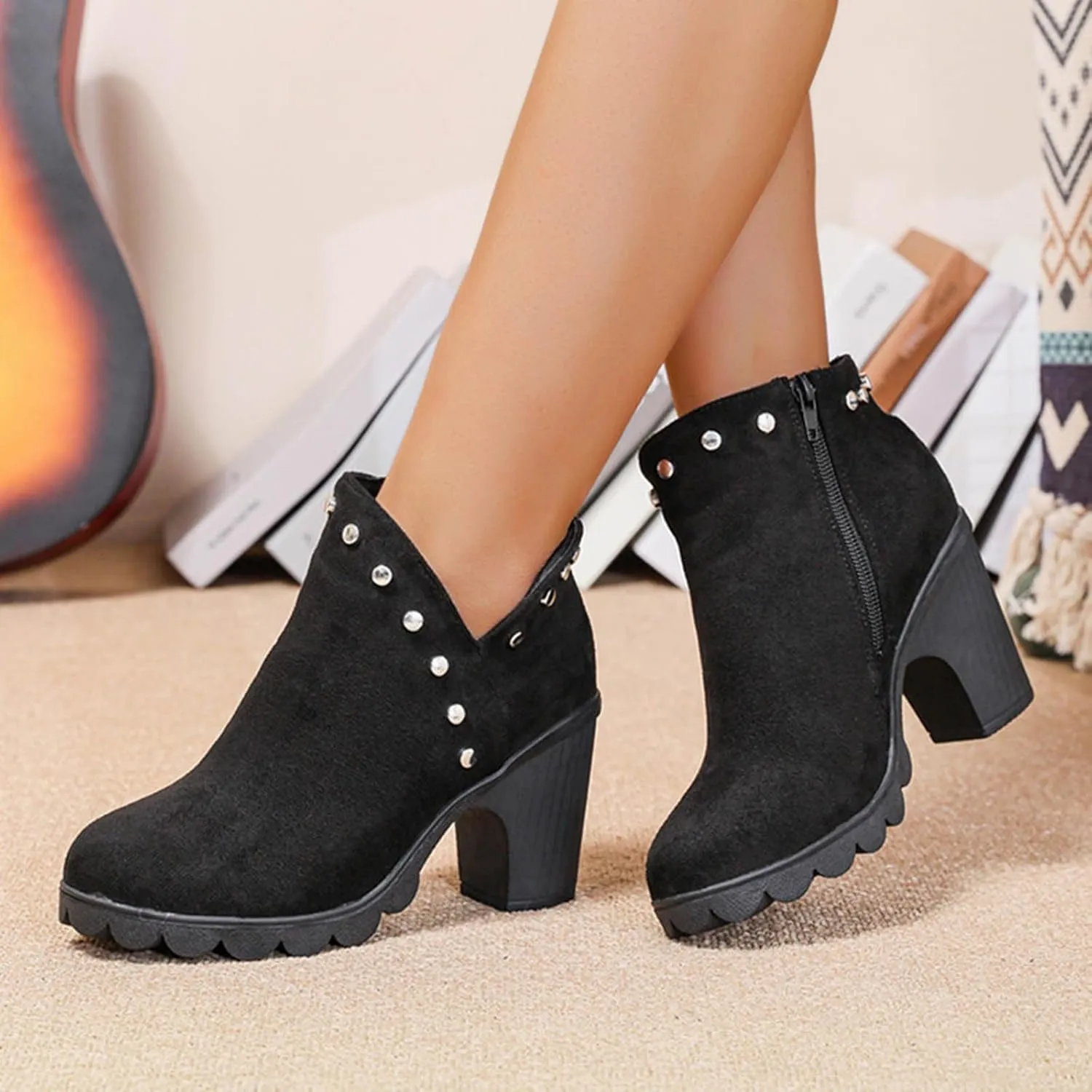 Womens High Chunky Heel Chelsea Ankle Boots Fashion Platform Pointed Toe Booties Elegant Chunky Block Heel Boots