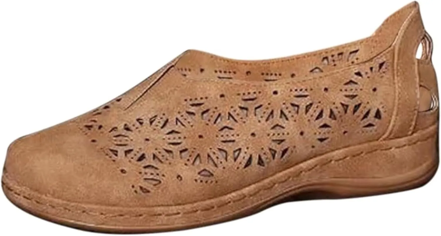 Women's Hollow Out Slip-Ons Loafers Ladies Classic Round Toe Flowers Flat Shoes Comfort Backless Outdoor Anti Slip Orthotic Sandals for Walk Travel
