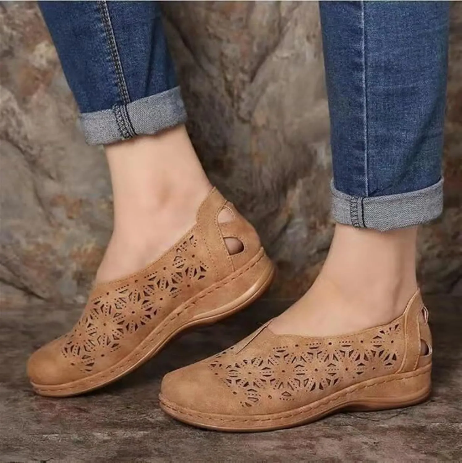Women's Hollow Out Slip-Ons Loafers Ladies Classic Round Toe Flowers Flat Shoes Comfort Backless Outdoor Anti Slip Orthotic Sandals for Walk Travel