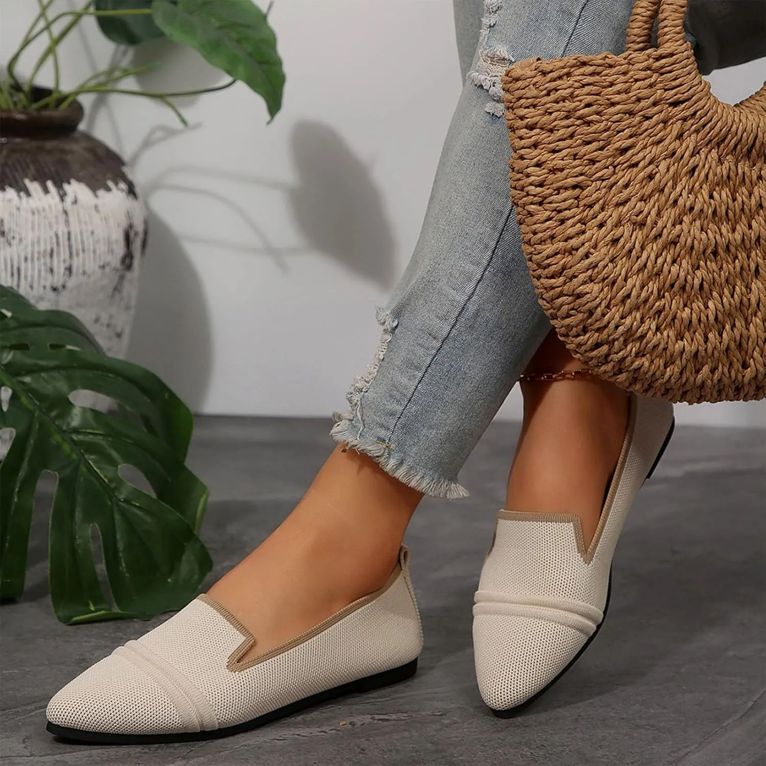 Womens Knit Slip on Casual Pointed Toe Loafers Comfortable Flats Loafer Ladies Driving Moccasins Business Work Shoes