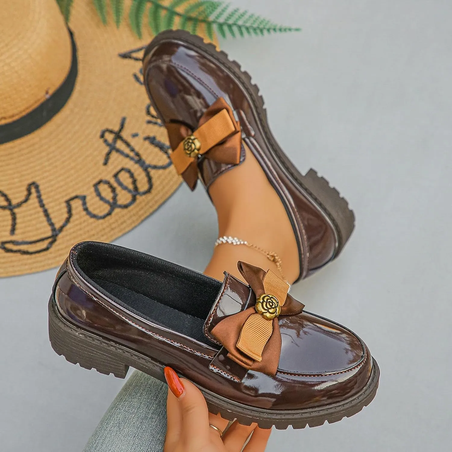 Womens Loafers Platform Slip-On Shoes Comfortable Work Shoes Business Casual Shoes Chunky Leather Penny Loafers