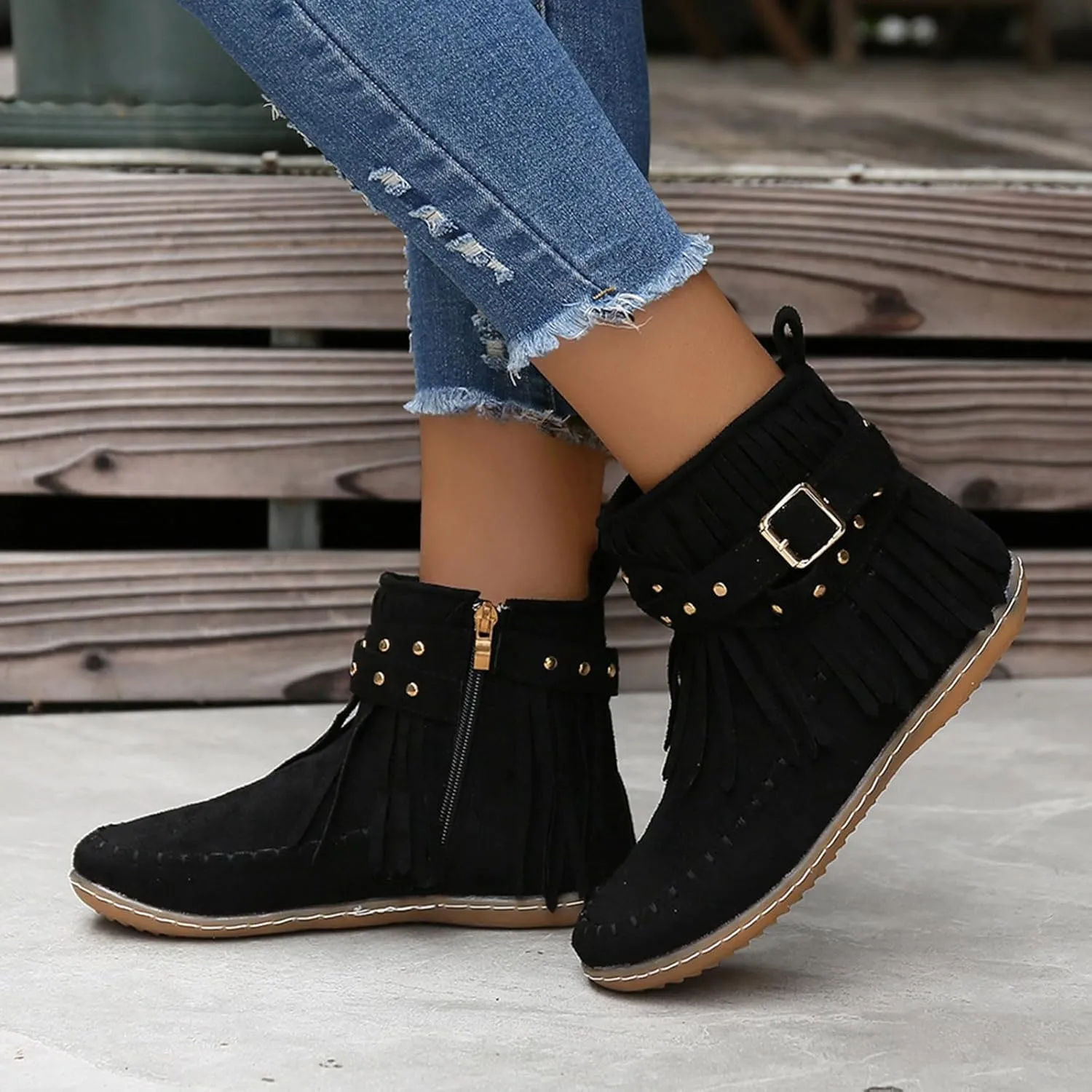 Womens Moccasins Fringe Ankle Boots Retro Suede Leather Tassel Studded Moccasins Shoes Non Slip Flat Heel Fall Winter Casual Fashion Booties with Zipper