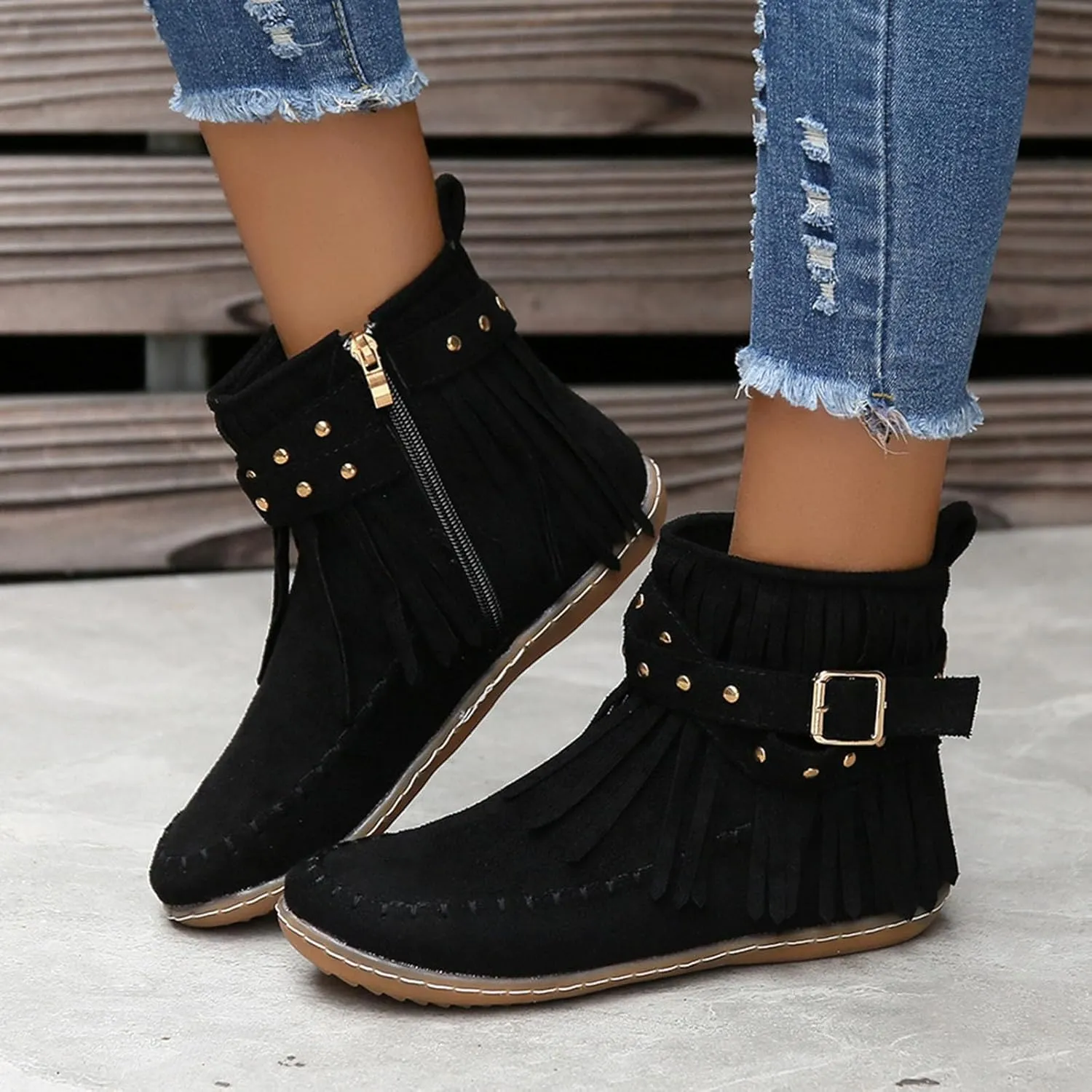 Womens Moccasins Fringe Ankle Boots Retro Suede Leather Tassel Studded Moccasins Shoes Non Slip Flat Heel Fall Winter Casual Fashion Booties with Zipper