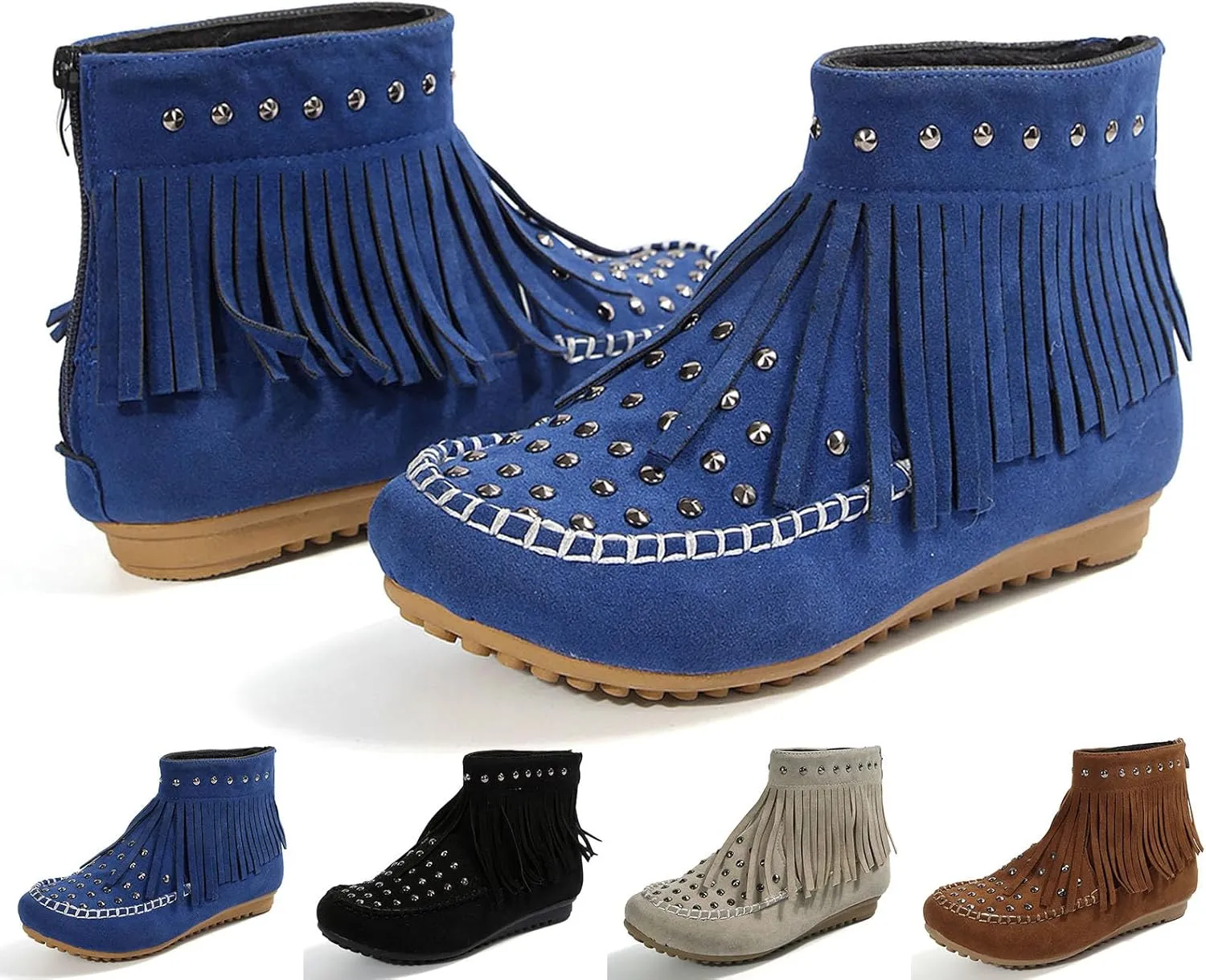Womens Moccasins Fringe Ankle Boots Retro Suede Leather Tassel Studded Moccasins Shoes Non Slip Flat Heel Fall Winter Casual Fashion Booties with Zipper