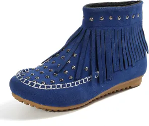 Womens Moccasins Fringe Ankle Boots Retro Suede Leather Tassel Studded Moccasins Shoes Non Slip Flat Heel Fall Winter Casual Fashion Booties with Zipper