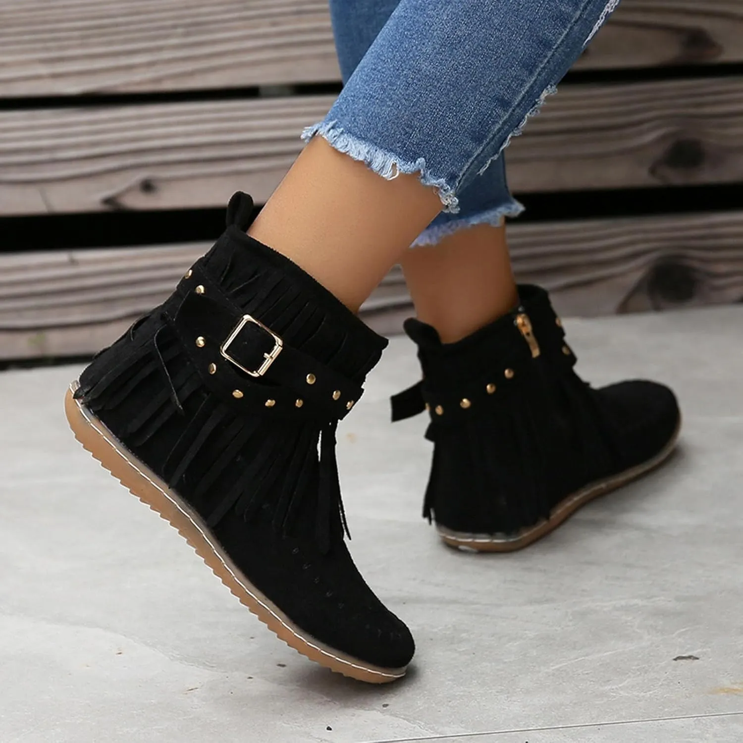 Womens Moccasins Fringe Ankle Boots Retro Suede Leather Tassel Studded Moccasins Shoes Non Slip Flat Heel Fall Winter Casual Fashion Booties with Zipper