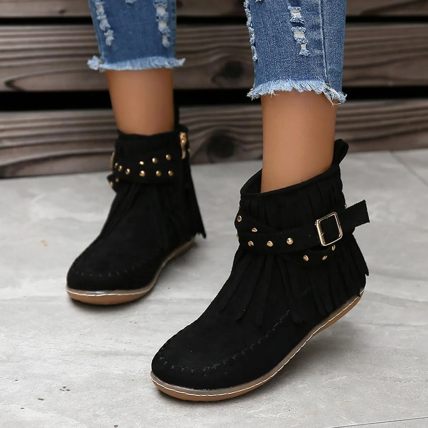 Womens Moccasins Fringe Ankle Boots Retro Suede Leather Tassel Studded Moccasins Shoes Non Slip Flat Heel Fall Winter Casual Fashion Booties with Zipper